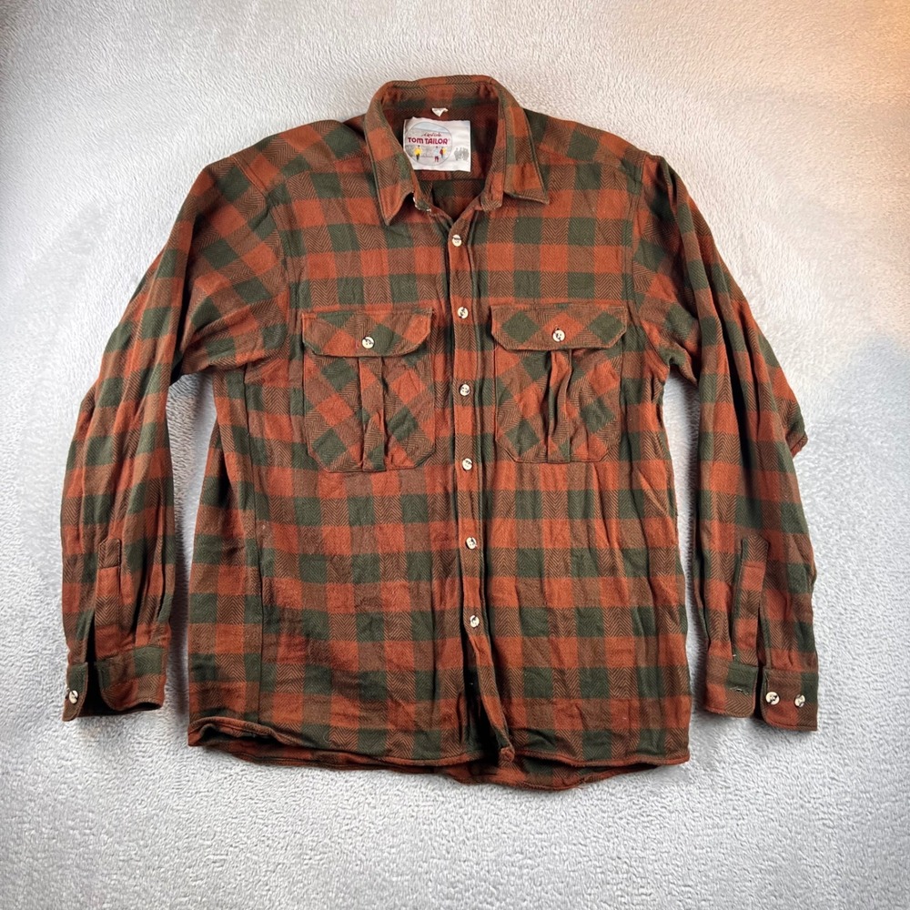Tom Tailor Mens Flannel Shirt L Orange Green Plaid Long Sleeve Button Down 2912